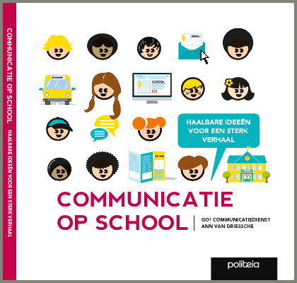 Cover Van Een Boek Met Iconen Van Kinderen, Schoolbus, Computer, Mail, Boeken En Een Schoolgebouw Met De Titel 'Communicatie Op School'