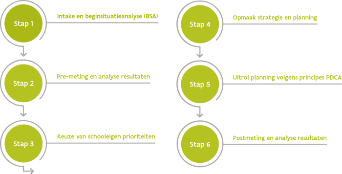 Schematische weergave van de opbouw van het VT Flexibele Schoolorganisatie, bestaande uit zes stappen