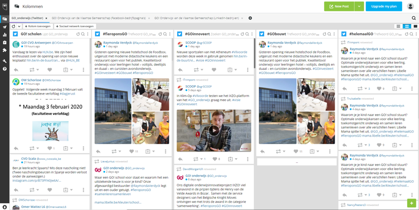 Screenshot Van Een Social Media Dashboard Met Diverse Kolommen Met Tweets En Posts Gerelateerd Aan 'GO Onderwijs', Met Hashtags Zoals #Fieroponsgo, #Goinnoveert,