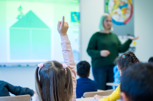 Jonge Leerling Steekt Hand Op In Klas Rh