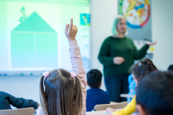 Jonge Leerling Steekt Hand Op In Klas Rh