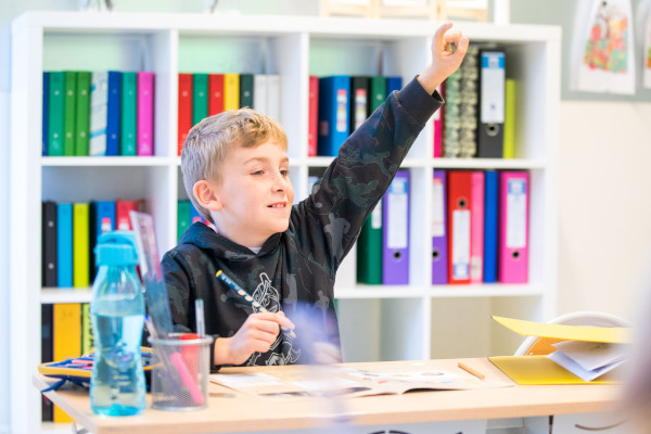 Leerling Met Hand In De Lucht In Klas