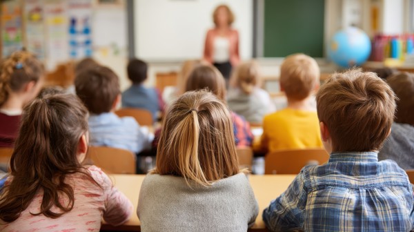 Klaslokaal basisschool kinderen van op de rug gezien en leerkracht vooraan