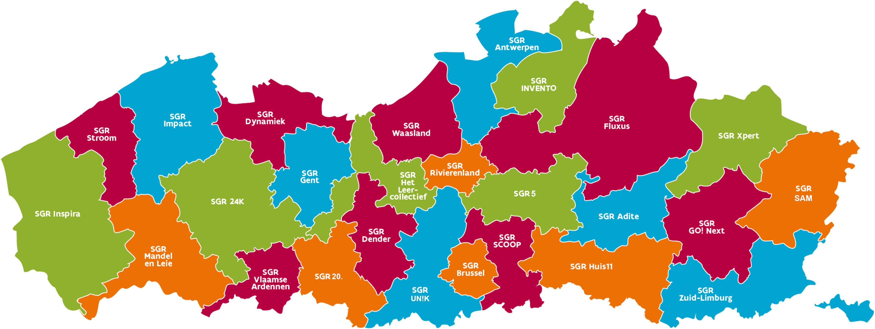 Geografische kaart van Vlaanderen met een overzicht van de scholengroepen van het GO!