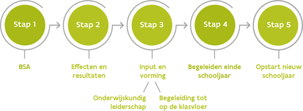 Schematische voorstelling van de opbouw van het VT basisonderwijs. 1. BSA, 2. resultaten en effecten, 3. input en vorming, 4. begeleiden einde schooljaar en tot slot 5. opstart nieuw schooljaar