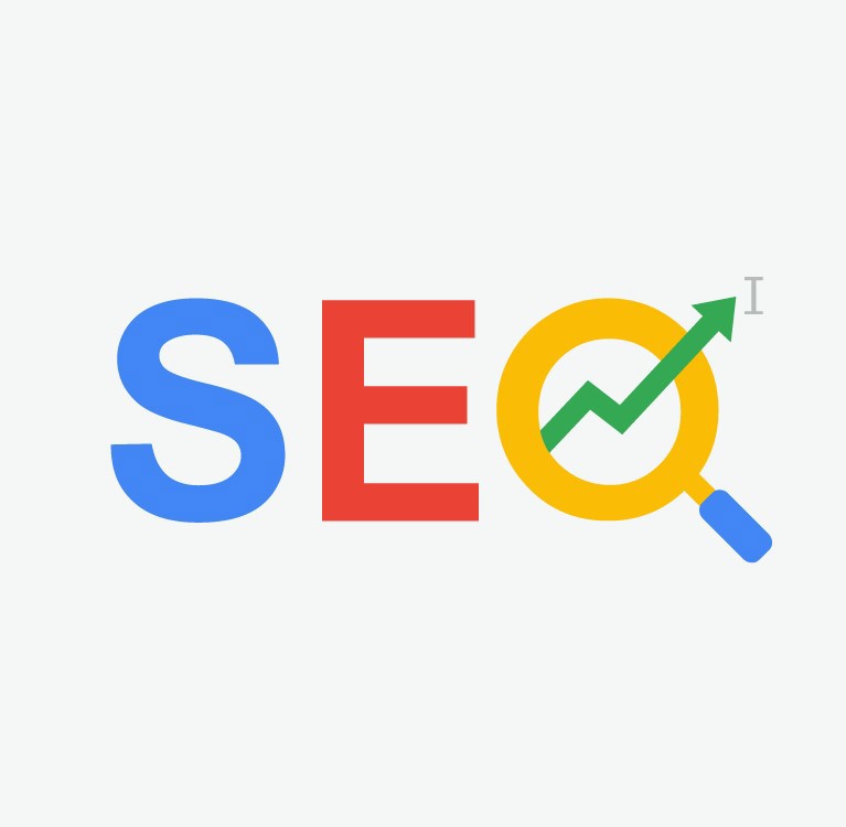 het woord SEO in het lettertype van het logo van Google met een loep als O
