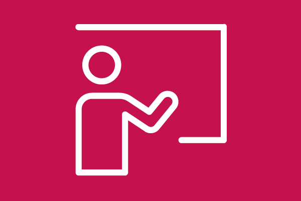 Lijntekening van een schoolbord met een mannetje ervoor dat iets aanwijst