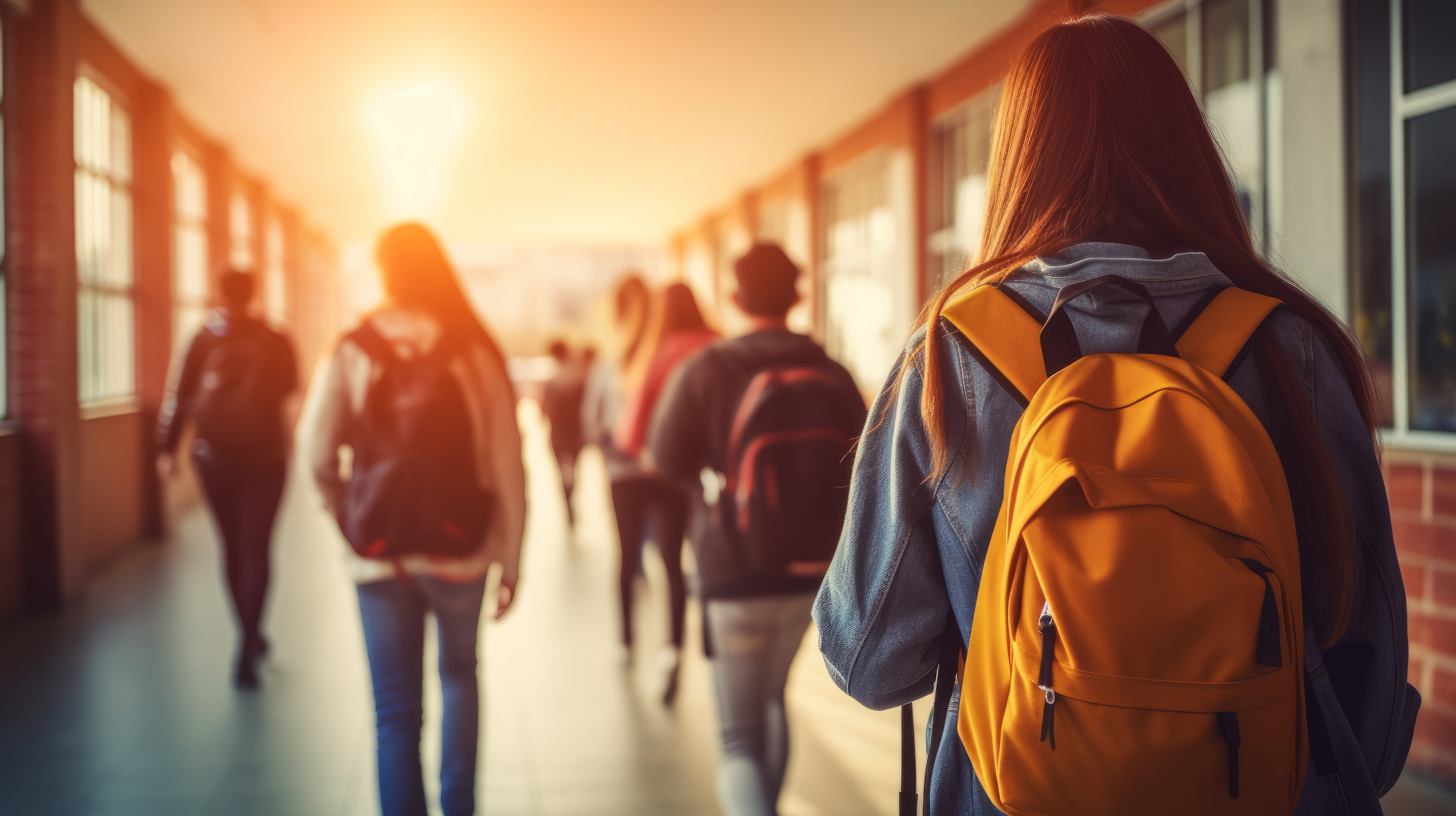 Leerlingen met schooltassen lopen door gang van een school