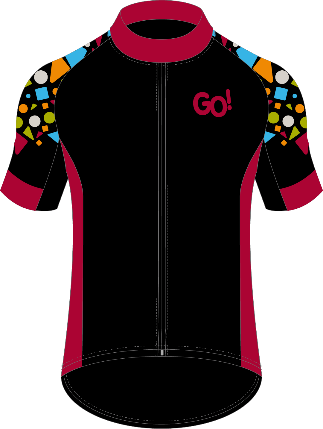 Zwart Wielertruitje Met 'GO!' Logo Op Borst En Kleurrijke Mouwen Met Patroon
