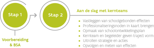 Schematische voorstelling van de opbouw van het VT onderzoekend leidinggeven: er wordt gestart met een voorbereiding en BSA, daarna gaan we aan de slag met kernteams.