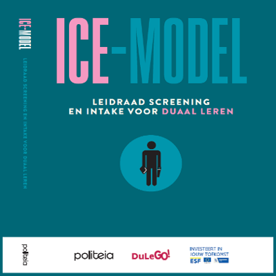 Cover Van Een Boek Met De Tekst ICE MODEL, Leidraad Screening En Intake Voor Duaal Leren, Pictogram Van Een Persoon, Op Een Turquoise Achtergrond