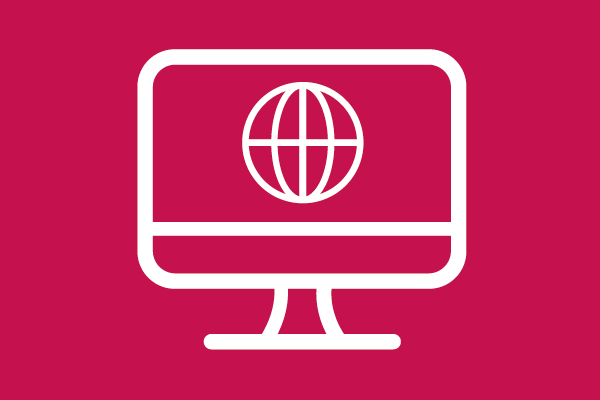 Lijntekening van een computerscherm met een wereldbol erop