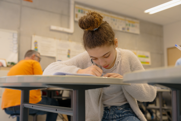 Bruinharig Meisje Aan Schoolbank Aan Het Schrijven