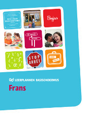 Blauwe Boekomslag Met Foto's En Iconen Gerelateerd Aan Frans Leren, Tekst GO! Leerplannen Basisonderwijs Frans